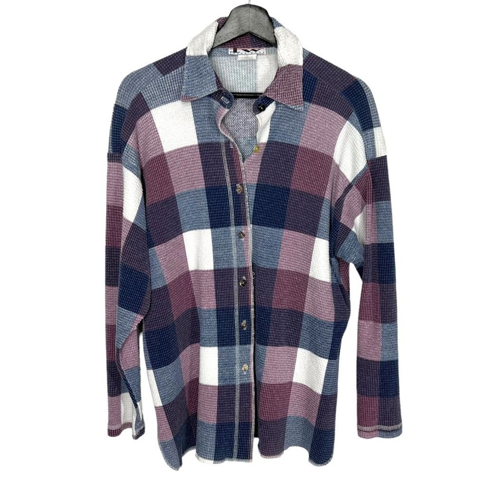 Vintage 90s Purple Grey White Button Up Buffalo Plaid Long Sleeve Oversized Top